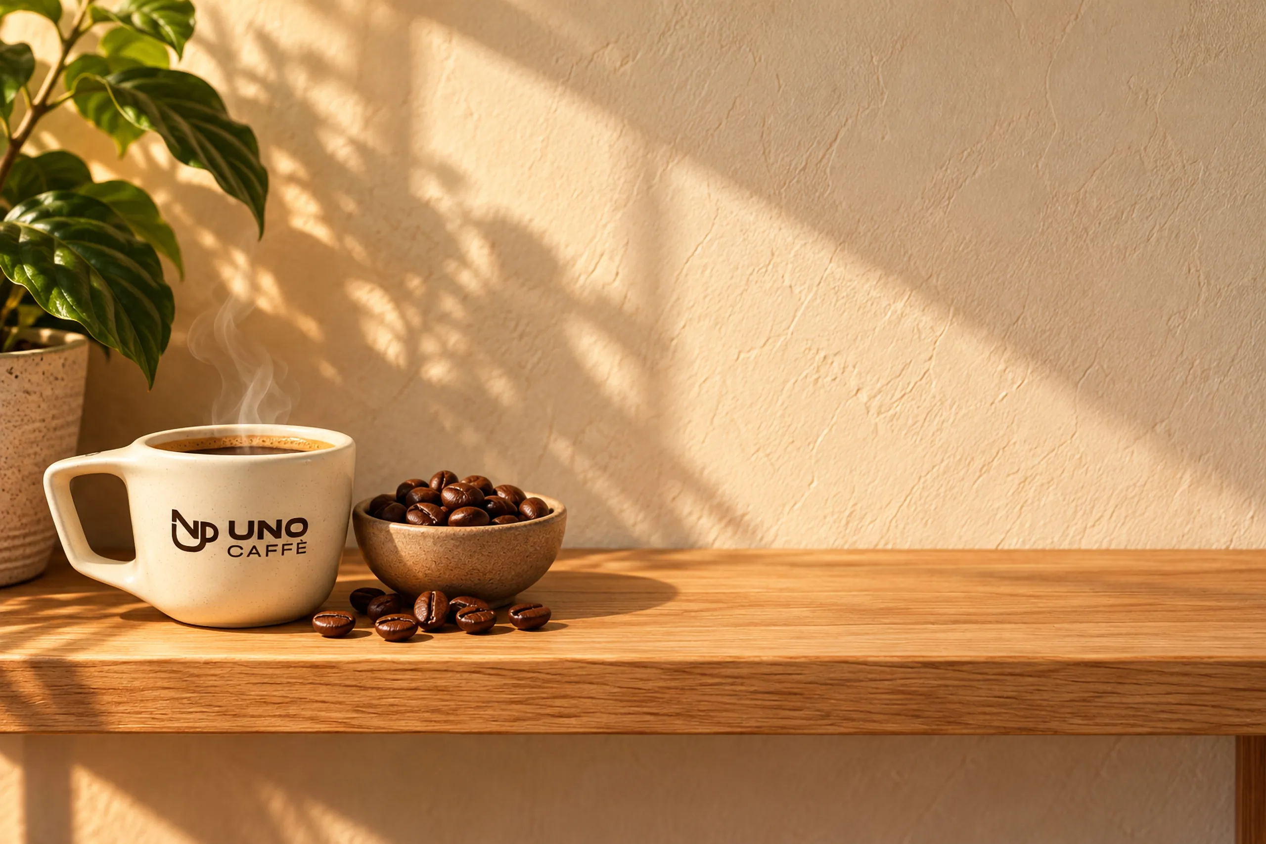 Prateleira de madeira com a caneca Uno Caffè, grãos de café e uma planta, sob luz da manhã
