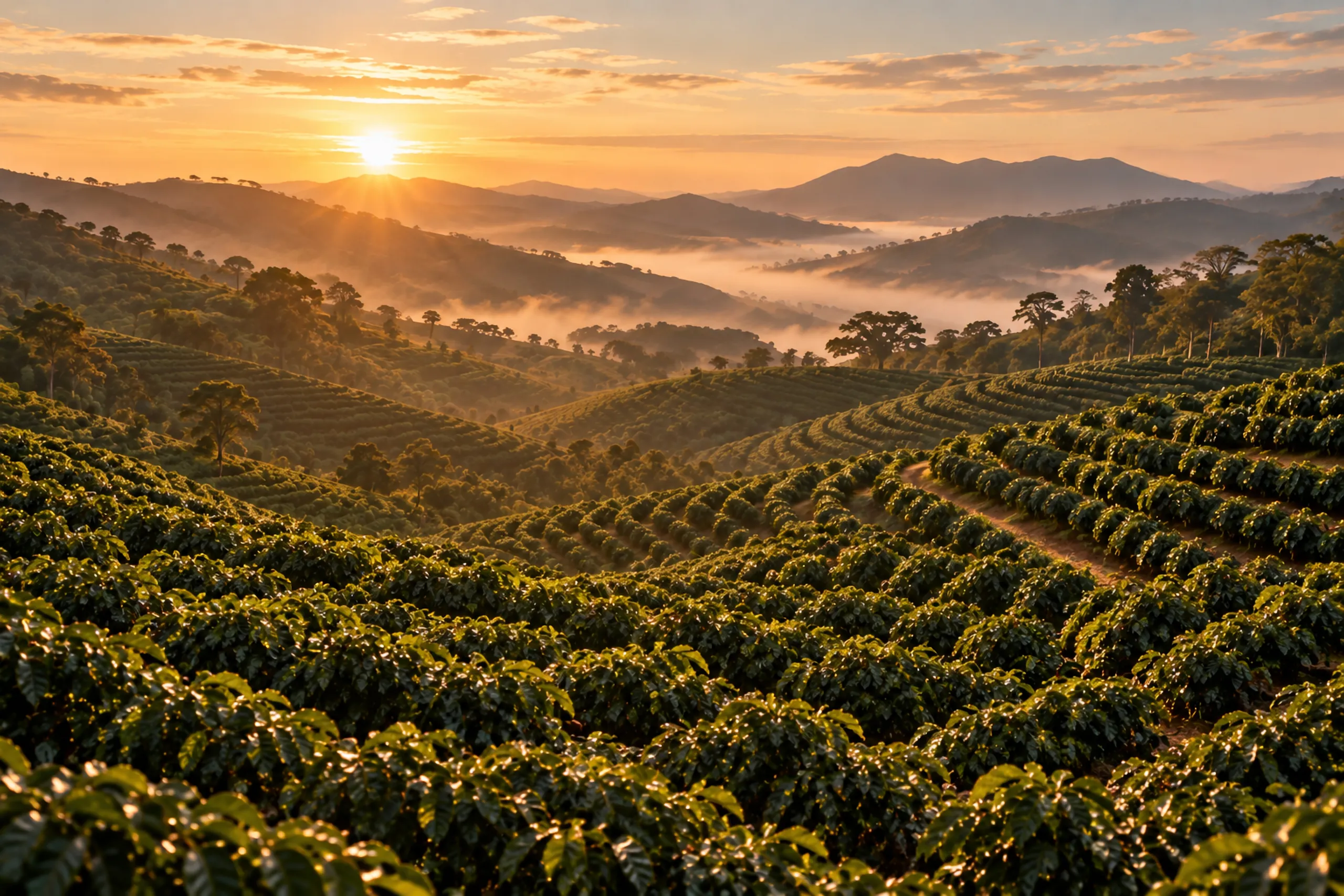 Lavoura de café em morros ao nascer do sol, com neblina nos vales